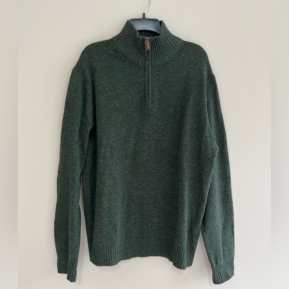 J. CREW 100% Lambs Wool Quarter Zip Mock Sweater in Dark Heather Green, size XL
